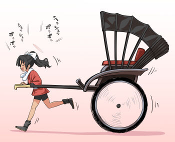 1girl bike_shorts black_hair black_shorts blue_archive closed_eyes commentary_request from_side gradient_background highres itou_yuuji japanese_clothes kimono medium_hair motion_lines open_mouth pink_background ponytail profile red_kimono rickshaw rickshaw_student_(blue_archive) running shorts simple_background smile solo towel towel_around_neck two-tone_background white_background yukata