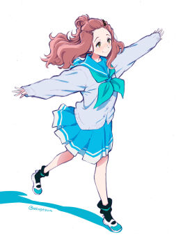 1girl bangs_pinned_back black_socks blue_sailor_collar blue_skirt blush brown_hair cardigan closed_mouth full_body green_neckerchief grey_cardigan hair_ornament hibike!_euphonium highres kenzaki_ririka kitauji_high_school_uniform kotomozou long_hair long_sleeves neckerchief outstretched_arms sailor_collar school_uniform serafuku shoes simple_background skirt smile socks solo spread_arms star_(symbol) star_hair_ornament yellow_eyes