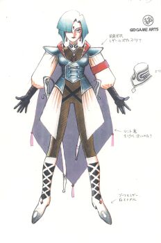 Rule 34 | 1girl, absurdres, blue eyes, blue hair, breasts, cape, closed mouth, commentary request, concept art, earrings, facial mark, forehead mark, full body, gloves, grandia, grandia i, hair over one eye, highres, holding, holding sword, holding weapon, jewelry, kobayashi osamu, leen (grandia), lipstick, looking at viewer, makeup, official art, short hair, solo, sword, weapon, white background
