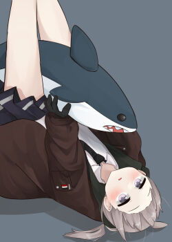 1girl absurdres ahoge collared_shirt girls&#039;_frontline highres holding holding_stuffed_toy ikea_shark jacket lying m200_(girls&#039;_frontline) necktie on_back open_clothes open_jacket open_mouth pepsi2330 shirt simple_background skirt stuffed_animal stuffed_shark stuffed_toy white_shirt