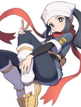 Rule 34 | 1girl, akari (pokemon), black hair, black pantyhose, black sash, blush, closed mouth, commentary request, eyelashes, grey eyes, grey jacket, headscarf, hiyoshipow, jacket, long hair, loose socks, nintendo, pantyhose, pokemon, pokemon legends: arceus, ponytail, red scarf, sandals, sash, scarf, shirt, sidelocks, simple background, smile, socks, white background, white headscarf, white socks