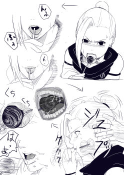 1girl absurdres black_eyes blush candy close-up earrings food hair_bun highres jewelry licking lips loli lollipop looking_at_viewer monochrome motion_lines naruto_(classic) naruto_(series) nier_(artist) open_mouth saliva sequential sexually_suggestive simple_background single_hair_bun solo_focus sound_effects teeth tongue tongue_out white_background white_hair x-ray yamanaka_ino