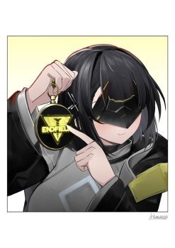 Rule 34 | 1girl, arknights, arknights: endfield, artist name, black hair, black jacket, black mask, border, commentary, copyright logo, endministrator (arknights), english commentary, eye mask, facing to the side, female endministrator (arknights), highres, holding, irkawaza, jacket, logo, long sleeves, mask, medium hair, meme, pointing, smile, solo, upper body, white border, white rabbit pointing at a clock (meme)
