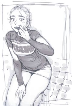 1girl absurdres cheerleader commentary english_commentary feason feet_out_of_frame graphite_(medium) greyscale highres monochrome open_mouth original sitting sketch teeth thick_thighs thighs traditional_media very_low_bun