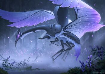 arthropod_limbs bone creature fog forest insect_wings mandibles nature night no_humans nurikabe_(mictlan-tecuhtli) original outdoors tree wetland wings wolfsbane_(flower)