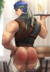 Rule 34 | 1boy, ass, bar (place), bara, blue eyes, blue hair, blurry, blurry background, bruise, bruise on ass, chachi (soulga), crotchless, crotchless pants, cup, drink, fire emblem, fire emblem: path of radiance, fire emblem: radiant dawn, hand on own hip, headband, holding, holding plate, huge ass, ike (fire emblem), injury, leather, leather belt, looking at viewer, looking back, male focus, manly, mature male, mug, muscular, muscular male, nintendo, pants, plate, remote control vibrator, sex toy, shirt, short hair, sleeveless, sleeveless shirt, solo, spiked hair, thick arms, thick eyebrows, thick thighs, thighs, vibrator