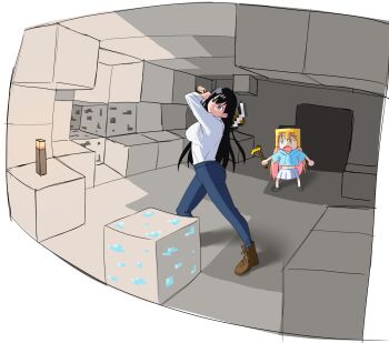 2girls :o absurdres arato_nagi block_(minecraft) blue_pants boots brown_boots cave_interior commentary diorama full_body gold_helmet green_eyes highres holding holding_pickaxe long_hair minecraft minecraft_hoe minecraft_pickaxe mining multiple_girls okikumo pants pickaxe ruri_no_houseki shirt skirt tanigawa_ruri torch v-shaped_eyebrows white_shirt white_skirt