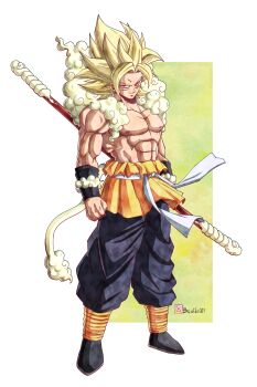 1boy abs absurdres alternate_costume artist_name beatlo_(rodrigo38658978) chinese_clothes cloud dragon_ball dragonball_z full_body hagoromo highres holding holding_staff holding_weapon instagram_username large_pectorals monkey_tail muscular muscular_male official_style pectorals red_eyes redesign ruyi_jingu_bang sash shawl smirk solo son_goku spiked_hair staff super_saiyan tail topless_male toriyama_akira_(style) v-shaped_eyes weapon white_sash