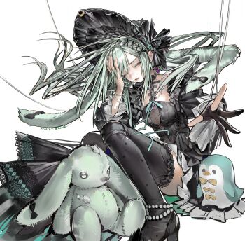 1girl absurdres animal_ears arknights bang_dream! bang_dream!_it&#039;s_mygo!!!!! black_bonnet black_dress black_gloves black_shoes black_thighhighs bonnet chinese_commentary closed_eyes commentary_request doll_joints dress floating_hair floppy_ears frilled_thighhighs frills full_body gloves gothic_lolita green_hair hair_ornament high_heels highres joints lolita_fashion long_hair long_sleeves luobi_jishui puppet_strings rabbit_ears rabbit_girl shoes sidelocks sitting solo stuffed_animal stuffed_penguin stuffed_rabbit stuffed_toy stuffing thighhighs wakaba_mutsumi wakaba_mutsumi_(marionette&#039;s_id) x_hair_ornament
