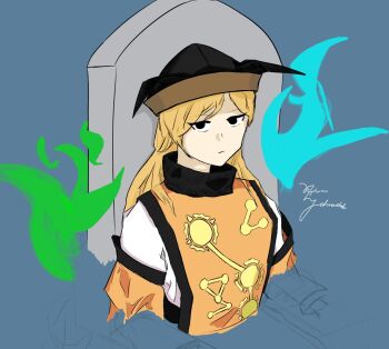 Rule 34 | 1girl, blonde hair, chair, constellation print, detached sleeves, matara okina, orange sleeves, orange tabard, signature, stephanus jalmachala, sun print, tabard, touhou