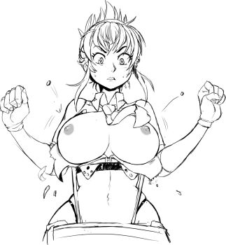 breasts fingerless_gloves gloves highres kisaragi_chitose large_breasts navel nipples ponytail sketch super_robot_wars super_robot_wars_v teevo thong tie wardrobe_malfunction