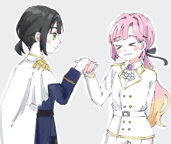 &gt;_&lt; 2girls :3 anyoji_hime ascot black_ribbon blush_stickers brooch buttons cape closed_eyes commentary cowboy_shot crossdressing crossdressing_(ftm) double-breasted epaulettes frilled_ascot frills green_eyes grey_background hair_ribbon jacket jewelry link!_like!_love_live! long_hair long_sleeves looking_at_another love_live! low_ponytail momose_ginko moso_(expect66) multiple_girls outline pants ponytail prince profile ribbon short_hair short_ponytail sidelocks simple_background symbol-only_commentary taking_another&#039;s_hand virtual_youtuber white_ascot white_cape white_jacket white_outline white_pants x3 yuri
