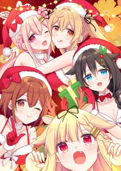 5girls animal_ears antlers bikini black_hair blue_eyes braid breasts brown_eyes brown_hair cleavage commentary_request deer_ears fang fur-trimmed_bikini_top fur_trim gloves hair_flaps harusame_(kancolle) hat highres horns hug kantai_collection medium_breasts multiple_girls murasame_(kancolle) one_eye_closed pink_hair red_bikini red_eyes red_gloves red_hat reindeer_antlers ringo_sui santa_hat shigure_(kancolle) shigure_kai_ni_(kancolle) shiratsuyu_(kancolle) short_hair single_braid swimsuit tongue tongue_out twintails upper_body yuudachi_(kancolle) yuudachi_kai_ni_(kancolle)