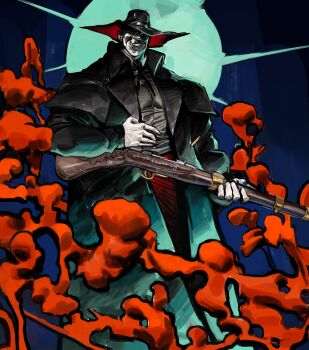 1boy absurdres bell black_coat black_hat blood_meridian bolt_action coat colored_skin colored_smoke commentary cowbell cowboy_hat english_commentary evil_grin evil_smile full_moon glowing glowing_eye grin gun hat highres holding holding_gun holding_weapon judge_holden knifesart long_coat looking_at_viewer moon night night_sky rifle shaded_eye sky smile smoke trench trench_coat weapon white_skin