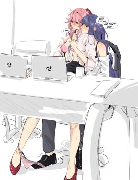 2girls artist_name black_pants black_shoes blush bra breasts chair commentary computer cup desk english_commentary english_text genshin_impact highres id_card lanyard laptop long_hair mitsudomoe_(shape) mug multiple_girls office_chair on_chair open_clothes open_shirt panties pants panty_pull pink_bra pink_hair purple_hair raiden_shogun red_shoes seijousai shoes sitting sitting_on_lap sitting_on_person swivel_chair tomoe_(symbol) underwear yae_miko yuri