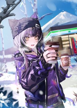 absurdres black_nails choker coat coffee commentary_request cup disposable_coffee_cup disposable_cup hat hat_with_ears higeji_(higeji404) highres hololive hood hoodie jewelry mountain multicolored_hair purple_hoodie ring shiori_novella winter_clothes yellow_eyes