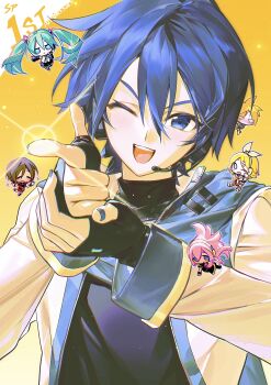 2boys 4girls absurdres aqua_hair beret_cj blonde_hair blue_eyes blue_hair blue_nails blue_scarf brown_hair chibi coat hair_ornament hatsune_miku hatsune_miku_(sp) headphones headset highres kagamine_len kagamine_len_(sp) kagamine_rin kagamine_rin_(sp) kaito_(sp)_(vocaloid) kaito_(vocaloid) long_hair looking_at_viewer male_focus megurine_luka megurine_luka_(sp) meiko_(sp)_(vocaloid) meiko_(vocaloid) mini_person miniboy minigirl multiple_boys multiple_girls one_eye_closed open_mouth pink_hair scarf shirt short_hair skirt smile solo_focus twintails very_long_hair vocaloid white_coat