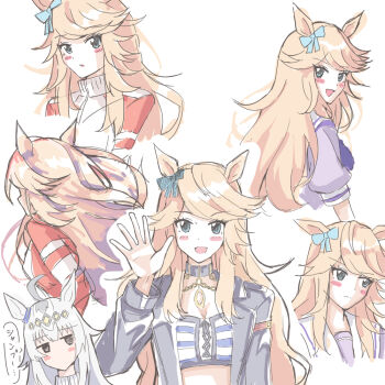 2girls ahoge animal_ears bandeau black_jacket blonde_hair blue_bow blue_eyes blush blush_stickers bow bowtie breasts chain choker ear_bow ear_ornament gold_chain gold_city_(authentic/1928)_(umamusume) gold_city_(umamusume) grey_hair hair_between_eyes hair_ornament hairband horse_ears horse_girl jacket long_hair long_sleeves looking_at_viewer multicolored_hair multiple_girls oguri_cap_(umamusume) open_clothes open_jacket open_mouth puffy_short_sleeves puffy_sleeves purple_bow purple_bowtie purple_shirt red_jacket sailor_collar sailor_shirt school_uniform shirt short_sleeves simple_background smile strapless striped_bandeau tracen_school_uniform tracen_training_uniform track_jacket tube_top umamusume umamusume:_cinderella_gray upper_body waving white_sailor_collar zyuuyon