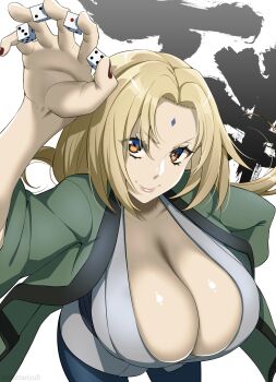 1girl absurdres between_fingers blonde_hair breasts brown_eyes cleavage commentary_request dice facial_mark forehead_mark highres holding holding_dice huge_breasts long_hair long_sleeves looking_at_viewer mattari_yufi naruto_(series) open_clothes parted_bangs red_nails shiny_skin smile solo translation_request tsunade_(naruto) upper_body wide_sleeves