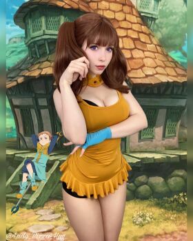 Rule 34 | 1boy, 1girl, bare shoulders, breasts, brown hair, cleavage, cosplay, cosplay photo, diane (nanatsu no taizai), diane (nanatsu no taizai) (cosplay), fingerless gloves, gloves, highres, king (nanatsu no taizai), lady pizza hug, large breasts, long hair, long sleeves, looking at viewer, nanatsu no taizai, photo (medium), real life, short hair, single glove, sleeveless, twintails