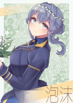 Rule 34 | 1girl, black necktie, blue eyes, blue hair, blue jacket, blue shirt, closed mouth, commentary request, double bun, english text, flower, gotland (kancolle), gotland andra (kancolle), green background, hair bun, hair intakes, head wreath, highres, jacket, kantai collection, lily of the valley, long hair, looking at viewer, military uniform, mole, mole under eye, nagi kantai114, necktie, shirt, solo, star (symbol), star in eye, symbol in eye, thank you, white flower