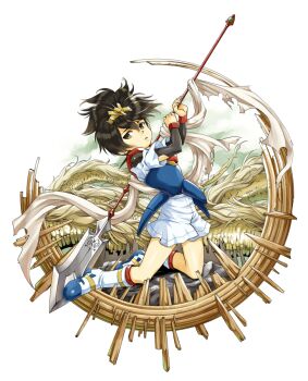 1boy armor black_hair black_shirt chigayasan commentary_request dragon full_body hair_between_eyes holding holding_polearm holding_weapon ikusabe_wataru kneeling looking_at_viewer male_focus mashin_eiyuuden_wataru parted_lips polearm shirt short_hair shorts simple_background solo weapon white_background white_shirt white_shorts