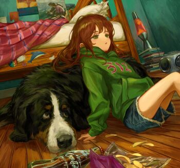 1girl :o bag_of_chips bed bedroom blue_shorts brown_hair cd_case cd_player chips_(food) coca-cola cutoffs denim denim_shorts dog food glass_bottle green_eyes green_hoodie half-closed_eyes highres hood hood_down hoodie indoors lava_lamp long_hair long_sleeves on_floor open_mouth original poster_(object) potato_chips sero3eta shorts sitting solo sticker