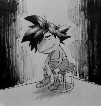 1boy artist_request ashita_no_joe boots boxing boxing_shorts closed_eyes dragon_ball full_body kermit_the_frog meme monochrome muppets parody short_hair shorts sitting smile solo son_goku spiked_hair what yabuki_joe yabuki_joe_in_a_chair_(meme) yabuki_jou