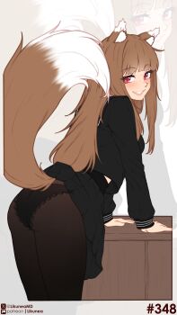 1girl absurdres animal_ear_fluff animal_ears artist_name ass black_panties black_pantyhose black_shirt black_skirt brown_hair commentary english_commentary from_behind grin highres holo leaning_forward likunea long_hair long_sleeves looking_at_viewer looking_back miniskirt panties panties_under_pantyhose pantyhose parted_lips patreon_logo patreon_username pleated_skirt puffy_long_sleeves puffy_sleeves red_eyes school_uniform serafuku shirt sidelocks skirt smile solo spice_and_wolf tail twitter_username twitter_x_logo underwear wolf_ears wolf_girl wolf_tail zoom_layer