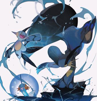 blue_eyes blue_skin colored_sclera colored_skin energy_barrier energy_shield evolutionary_line full_body gen_3_pokemon handstand highres kamikiririp marshtomp mudkip nintendo one_arm_handstand one_eye_closed orange_skin pokemon pokemon_(creature) simple_background swampert twitter_username water white_background yellow_sclera