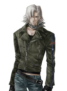 Rule 34 | 1boy, absurdres, bandana, bandana around neck, belt, belt buckle, black belt, black jacket, blue eyes, blue pants, bokkusu98777681, buckle, closed mouth, contrapposto, dante (devil may cry), devil may cry, devil may cry (series), devil may cry 2, frown, hashtag-only commentary, highres, jacket, leather, leather jacket, long sleeves, looking at viewer, male focus, pants, parted hair, partially unzipped, simple background, solo, studded belt, white background, zipper