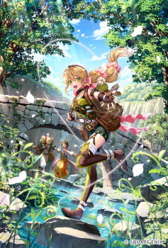 2girls blonde_hair fingerless_gloves full_body gloves green_eyes kiba_tori long_hair looking_at_viewer multi-tied_hair multiple_girls official_art open_mouth ponytail ruby_(unlimited_saga) saga saga_frontier_2 shorts smile square_enix unlimited_saga very_long_hair virginia_knights