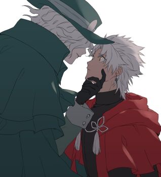 2boys amakusa_shirou_(fate) cape commentary_request earrings edmond_dantes_(fate) fate/grand_order fate_(series) green_cape green_hat hand_on_another&#039;s_chin hat height_difference jewelry male_focus multiple_boys red_hood tofu_(bean359) turtleneck white_hair yaoi yellow_eyes