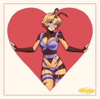1girl arthropod_girl bee_girl blonde_hair blush bra breasts cleavage earrings face_piercing garter_belt glasses grey-framed_eyewear heart highres hunybee insect_girl jewelry looking_at_viewer medium_breasts mouth_piercing navel_piercing original panties parted_lips piercing purple_bra purple_panties round_eyewear short_hair smile solo underwear