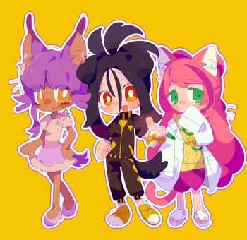 Rule 34 | 3girls, animal ear piercing, black hair, black pants, black shirt, bright pupils, chinese commentary, closed mouth, coat, commentary, dendra (pokemon), full body, green eyes, hair between eyes, highres, kemonomimi mode, kui kui jiang, miriam (pokemon), multiple girls, nintendo, open mouth, orange eyes, pants, pokemon, pokemon sv, purple hair, purple skirt, shirt, skirt, sleeves past fingers, sleeves past wrists, smile, sweater, tan, tulip (pokemon), white coat, white pupils, yellow background