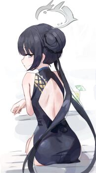 1girl absurdres ass back back_cutout backless_dress backless_outfit bare_back bare_legs bare_shoulders bench black_bow black_dress black_hair blue_archive bow braid braided_bun china_dress chinese_clothes closed_mouth clothing_cutout cocktail_umbrella cup diamond_cutout dragon_print dress dress_bow drink drinking_glass expressionless feet_out_of_frame from_behind grey_eyes grey_halo hair_bun half-closed_eyes halo highres kisaki_(blue_archive) loli long_hair looking_at_viewer looking_back median_furrow pink_nails print_dress profile rang_go short_dress sidelocks simple_background sitting sleeveless sleeveless_dress solo turtleneck turtleneck_dress twintails very_long_hair white_background