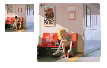 1girl absurdres alternate_costume bandaid bandaids_on_nipples bangboo_(zenless_zone_zero) black_shorts blonde_hair breasts collarbone commentary crossed_legs cup disposable_cup drinking_straw full_body green_eyes grey_shirt highres holding holding_phone ohoo_7am painting_(object) pasties phone photo-referenced piper_wheel red_moccus_(zenless_zone_zero) shirt shoes shorts sitting small_breasts solo t-shirt white_background white_shoes zenless_zone_zero