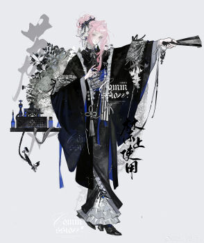 Rule 34 | 1girl, absurdres, angel's trumpet, antique phone, arched bangs, asymmetrical sidelocks, black jacket, black kimono, black nails, black ribbon, black shoes, block heels, blue gemstone, blue ribbon, blunt ends, bottle, bow, bow ring, brooch, chinese commentary, commission, corded phone, feather boa, flower, flower ornament, folded fan, folding fan, frilled jacket, frilled kimono, frilled shirt collar, frills, full body, gem, glint, grey bow, grey ribbon, grey sash, grey shawl, hair bun, hair flower, hair intakes, hair ornament, hair ribbon, hairclip, hand fan, hand up, haori, highres, holding, holding fan, jacket, japanese clothes, jewelry, kimono, lizhi wan, long sidelocks, long sleeves, looking at viewer, multiple rings, nail polish, neck ribbon, obi, omamori, open clothes, open jacket, original, outstretched arm, parted lips, pearl (gemstone), pearl ring, phone, pink eyes, pink hair, plant, ribbon, ring, rotary phone, sanpaku, sash, shawl, shirt, shirt under kimono, shoes, sidelocks, sideways glance, simple background, single hair bun, solo, standing, striped bow, striped sash, table, tassel, thumb ring, watermark, weibo watermark, white background, white flower, white shirt, wide sleeves, wrist ribbon