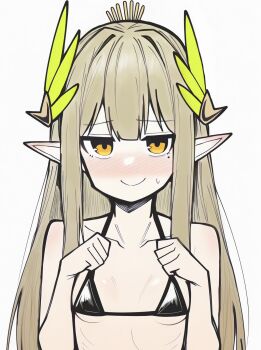 1girl alternate_costume arknights bikini black_bikini blonde_hair blush breasts closed_mouth commentary_request elf hands_up highres long_hair looking_at_viewer makigirisu micro_bikini mole mole_under_eye muelsyse_(arknights) nose_blush pointy_ears sidelocks simple_background small_breasts solo swimsuit upper_body white_background yellow_eyes