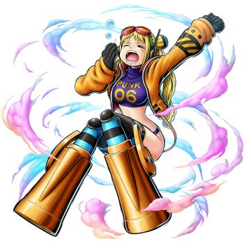 1girl :o ass blonde_hair blush_stickers boots breasts curvy freckles full_body gloves goggles goggles_on_head green_eyes highres jacket large_breasts long_hair official_art one_piece one_piece:_bounty_rush open_clothes open_jacket orange_jacket revealing_clothes sitting smile solo stretching transparent_background vegapunk_york weapon wide_hips yawning