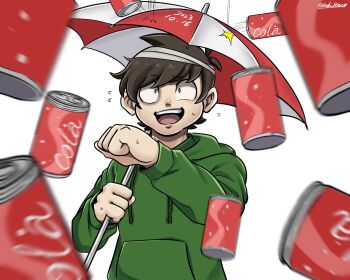 1boy animification antenna_hair bandaged_head bandages brown_hair can cola commentary drawstring drink_can edd_(eddsworld) eddsworld english_commentary flying_sweatdrops green_hoodie highres holding holding_umbrella hood hood_down hoodie kashimiato long_sleeves male_focus open_mouth scene_reference short_hair simple_background smile solo umbrella upper_body white_background wide-eyed