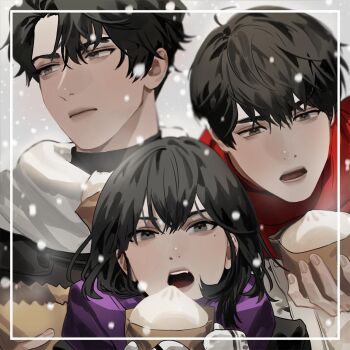 1girl 2boys aegyo_sal bag black_eyes black_hair black_shirt blackbox_(blackbox9158) breath curtained_hair dumpling food hair_between_eyes half-closed_eyes high_collar highres holding holding_food hood hood_up hoodie kim_dokja looking_at_viewer looking_to_the_side mittens mole mole_under_eye multiple_boys omniscient_reader&#039;s_viewpoint open_mouth purple_hoodie red_scarf scarf serious shirt short_hair snowing steaming_food third-party_source upper_body white_scarf yoo_joonghyuk