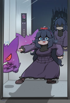 2girls :d @_@ afterimage against_wall ahoge aura black_hair blue_eyes breasts brown_shoes closed_mouth colored_sclera colored_skin commentary_request dark_aura dress elevator english_text false_smile floating flying_sweatdrops gen_1_pokemon gengar ghost hair_between_eyes hairband hex_maniac_(pokemon) hex_maniac_(pokemon_xy) highres john_(a2556349) large_breasts long_dress long_hair long_sleeves mirror multiple_girls nervous_sweating nintendo open_mouth partially_shaded_face pointing pokemon pokemon_(creature) pokemon_xy pressing_button purple_dress purple_hairband purple_skin red_sclera reflection scared shadow shoes smile sweat trembling turn_pale v-shaped_eyes very_long_hair