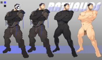 1boy abs absurdres bara black_bodysuit blue_eyes bodysuit bulge character_name collage completely_nude crossed_arms flaccid full_body highres horned_mask introduction jumpsuit large_pectorals looking_at_viewer male_focus male_pubic_hair mask muscular muscular_male nude open_jumpsuit original pectorals pubic_hair rathalosx4 short_hair sideburns sketch skull_mask smirk thick_eyebrows thick_thighs thighs