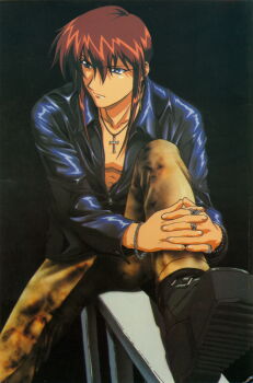 1990s_(style) 1boy absurdres boots cross cross_necklace fujimiya_ran hidaka_ken highres interlocked_fingers jacket jewelry kudou_youji leather leather_jacket long_hair long_sleeves looking_at_another magazine_scan male_focus necklace non-web_source official_art on_railing open_clothes own_hands_clasped own_hands_together pants purple_eyes railing red_hair retro_artstyle ring scan sitting solo tsukiyono_omi weiss_kreuz