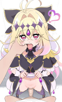 Rule 34 | 1boy, 1girl, antenna hair, black dress, blonde hair, blush, bow, breasts, brooch, censored, commentary request, cure arcana shadow, diamond hairband, donutman, dress, erection, forehead jewel, hair intakes, hair ribbon, hetero, highres, jewelry, long hair, looking at viewer, magical girl, meitantei precure!, moria luluka, navel, no panties, open mouth, penis, pink eyes, precure, purple thighhighs, purple veil, pussy, ribbon, small breasts, thighhighs, tongue, tongue out, two-tone dress, veil, white dress, wrist cuffs