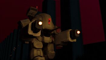 3d animated animated_gif blender_(medium) casing_ejection firing glowing glowing_eyes gun looping_animation machine_gun mecha mecha_focus no_humans pillar red_sky robot shell_casing sky the_citadel walking weapon