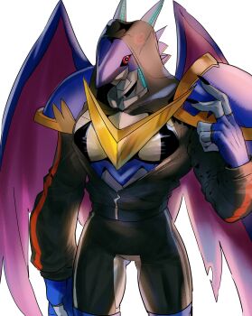 bikini bikini_top_only cosplay digimon digimon_(creature) highres muscular muscular_male red_eyes shinomiya_rina shinomiya_rina_(cosplay) solo swimsuit ulforcev-dramon what why wings