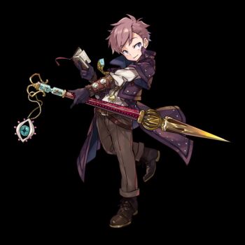 Rule 34 | 1boy, arm guards, black background, black gloves, blue eyes, blush, book, brown hair, brown pants, brown shoes, closed mouth, collared jacket, dress shoes, full body, gloves, holding, holding book, holding polearm, holding weapon, jacket, long sleeves, merc storia, merc storia art team, official art, open clothes, open jacket, outstretched arm, pants, peter (merc storia), polearm, purple jacket, shirt, shoes, short hair, short sleeves, simple background, smile, solo, standing, standing on one leg, tachi-e, tsurime, weapon, white shirt