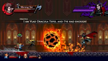 1girl 3boys alucard_(castlevania) axe back-to-back black_cape black_hair blonde_hair boots brown_hair candelabra candlestand cape castlevania_(netflix) castlevania_(series) chain_whip character_name character_portrait cloak coat commentary dhampir dracula english_commentary english_text facial_hair fighting fire fireball floating gameplay_mechanics glass_bottle goatee half-human hallway health_bar jewelry kradakor locket long_coat magic medium_hair multiple_boys mustache outstretched_arms pendant pixel_art pointy_ears ralph_c_belmont short_hair sword sypha_belnades triangle undead vampire weapon whip